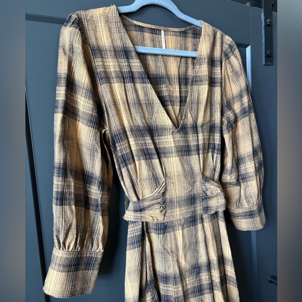 Free People Tan and Black Plaid Long Sleeve Dress - Picture 4 of 7